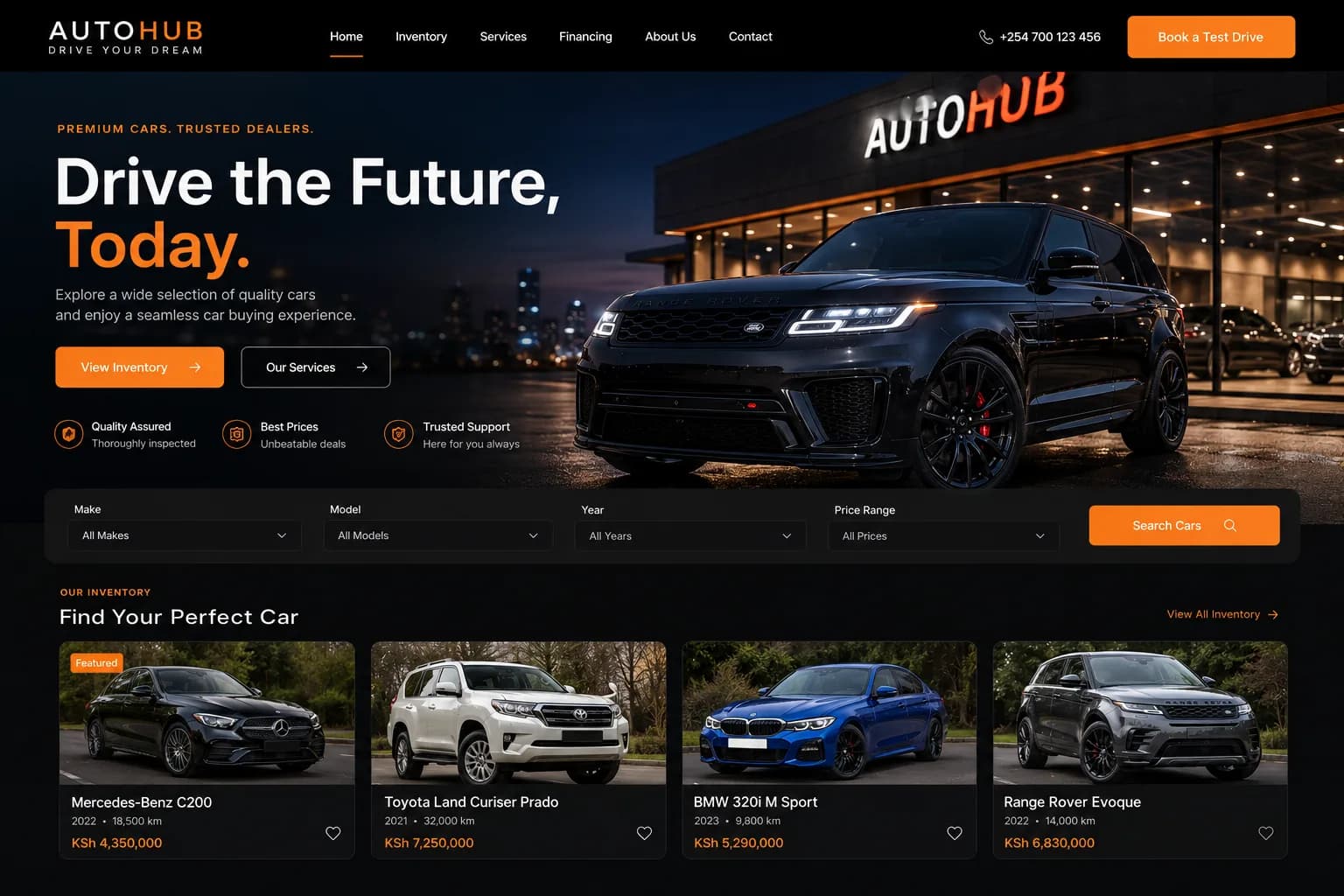 Car Dealerships website homepage mockup with industry-specific sections