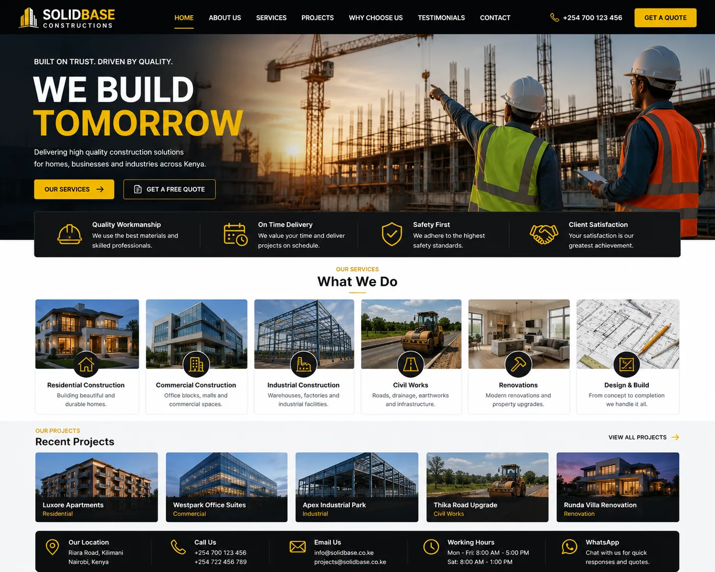 Construction Companies website homepage mockup with industry-specific sections