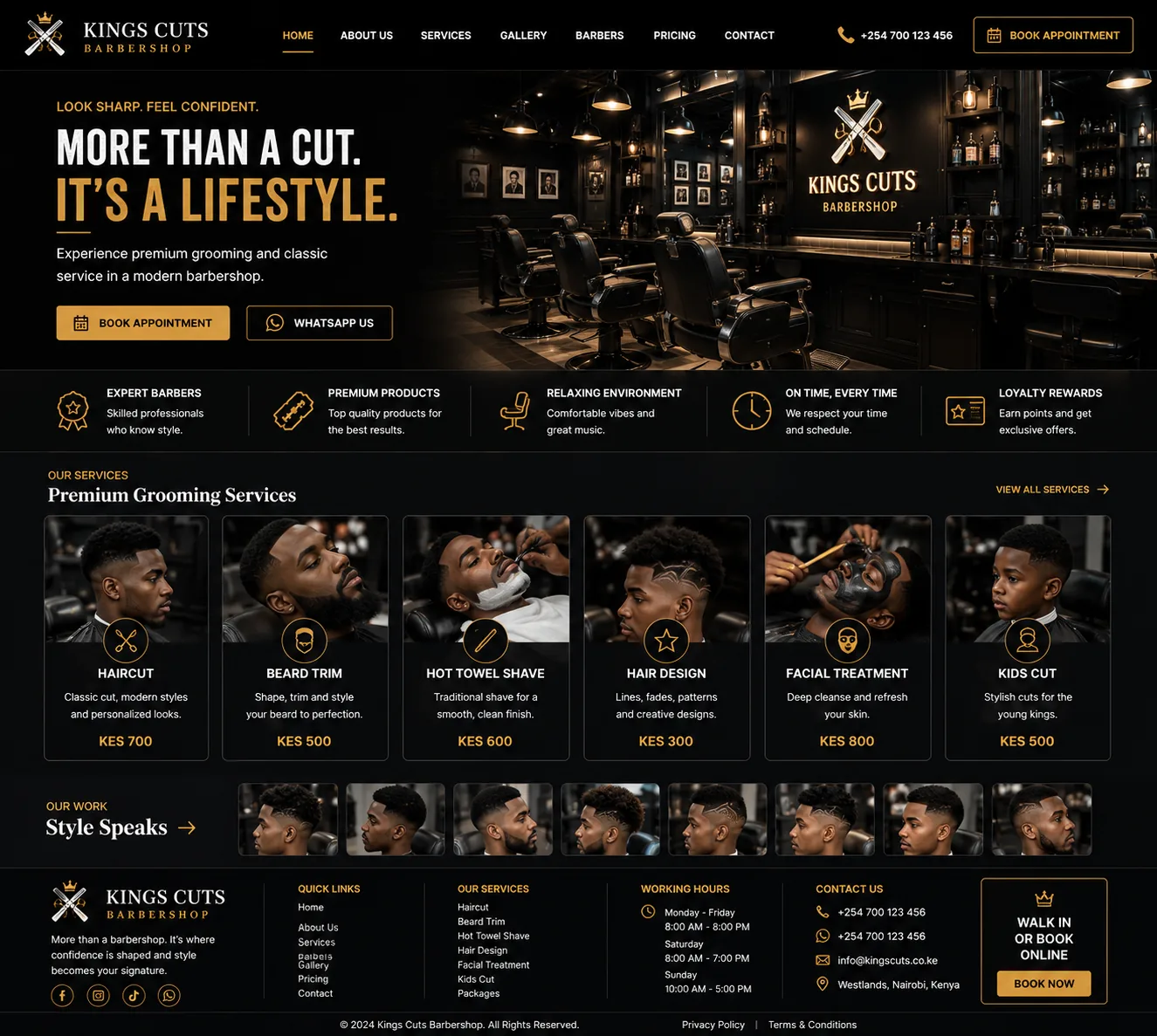 Barbershops website homepage mockup with industry-specific sections