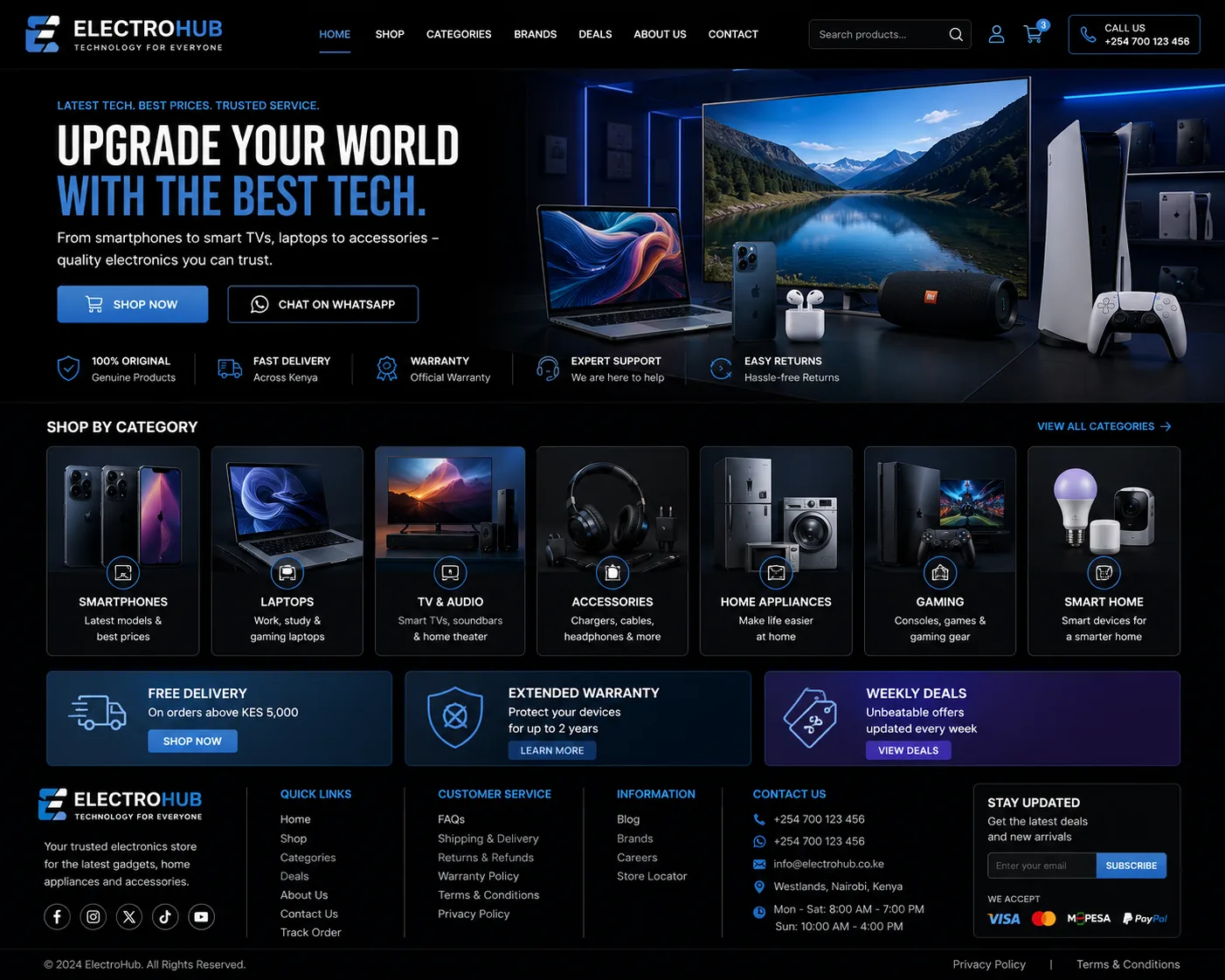 Electronics Shops website homepage mockup with industry-specific sections