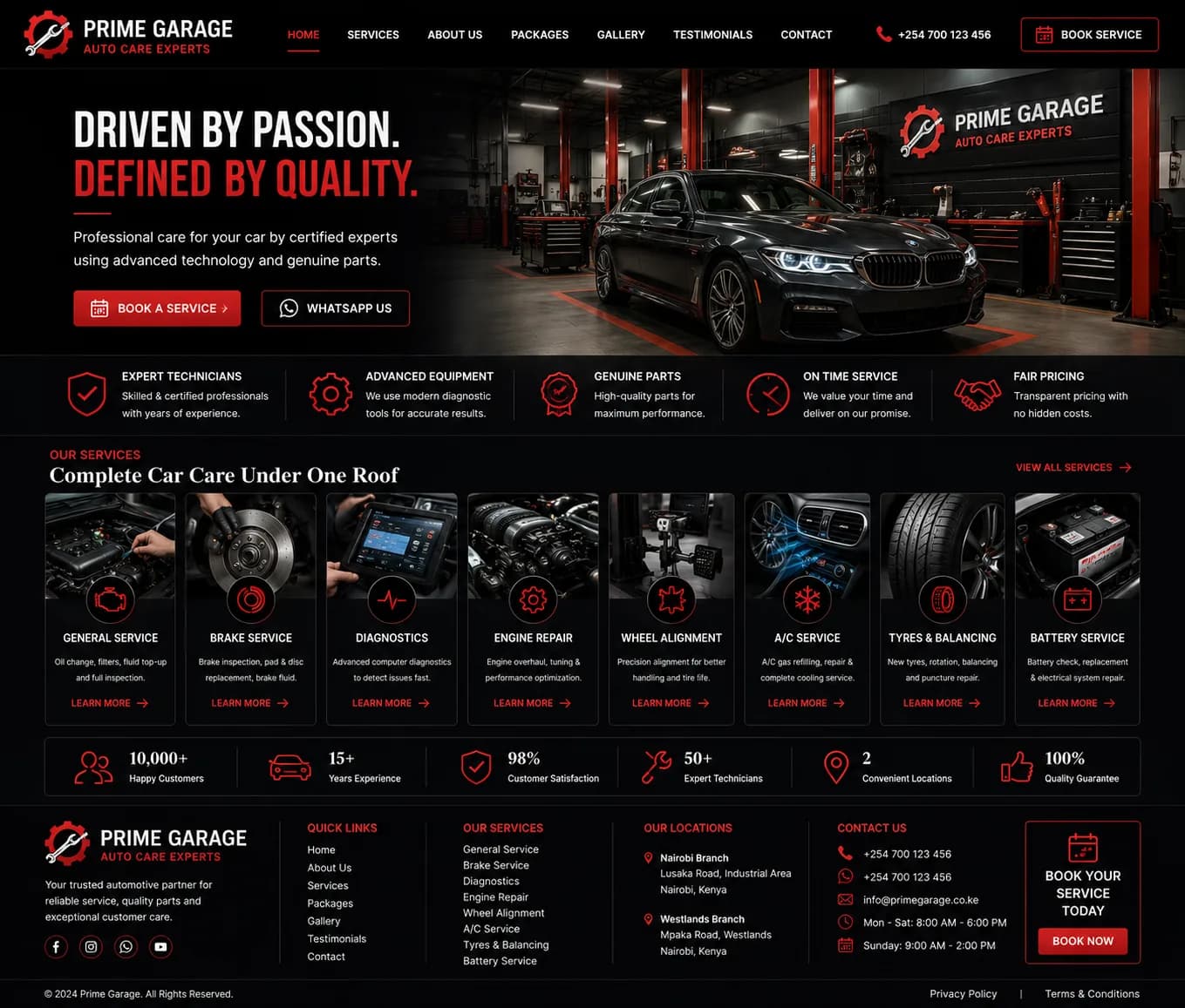 Garages website homepage mockup with industry-specific sections