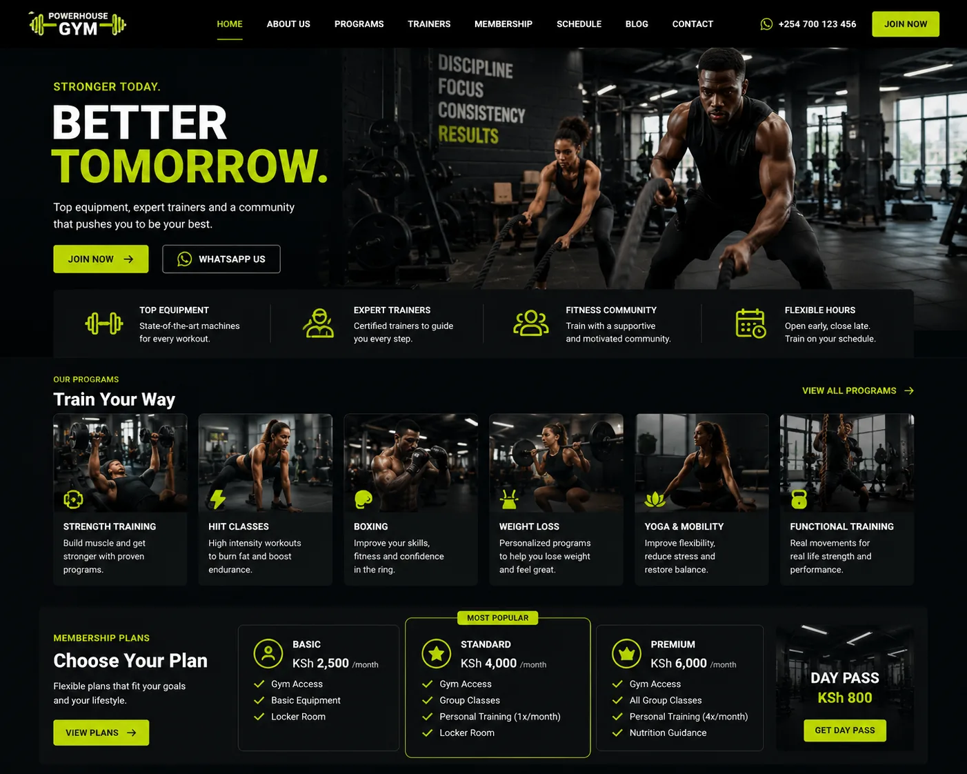 Gyms website homepage mockup with industry-specific sections