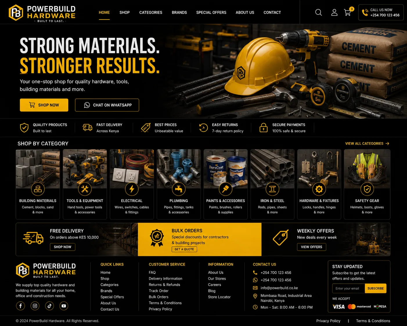 Hardware Shops website homepage mockup with industry-specific sections