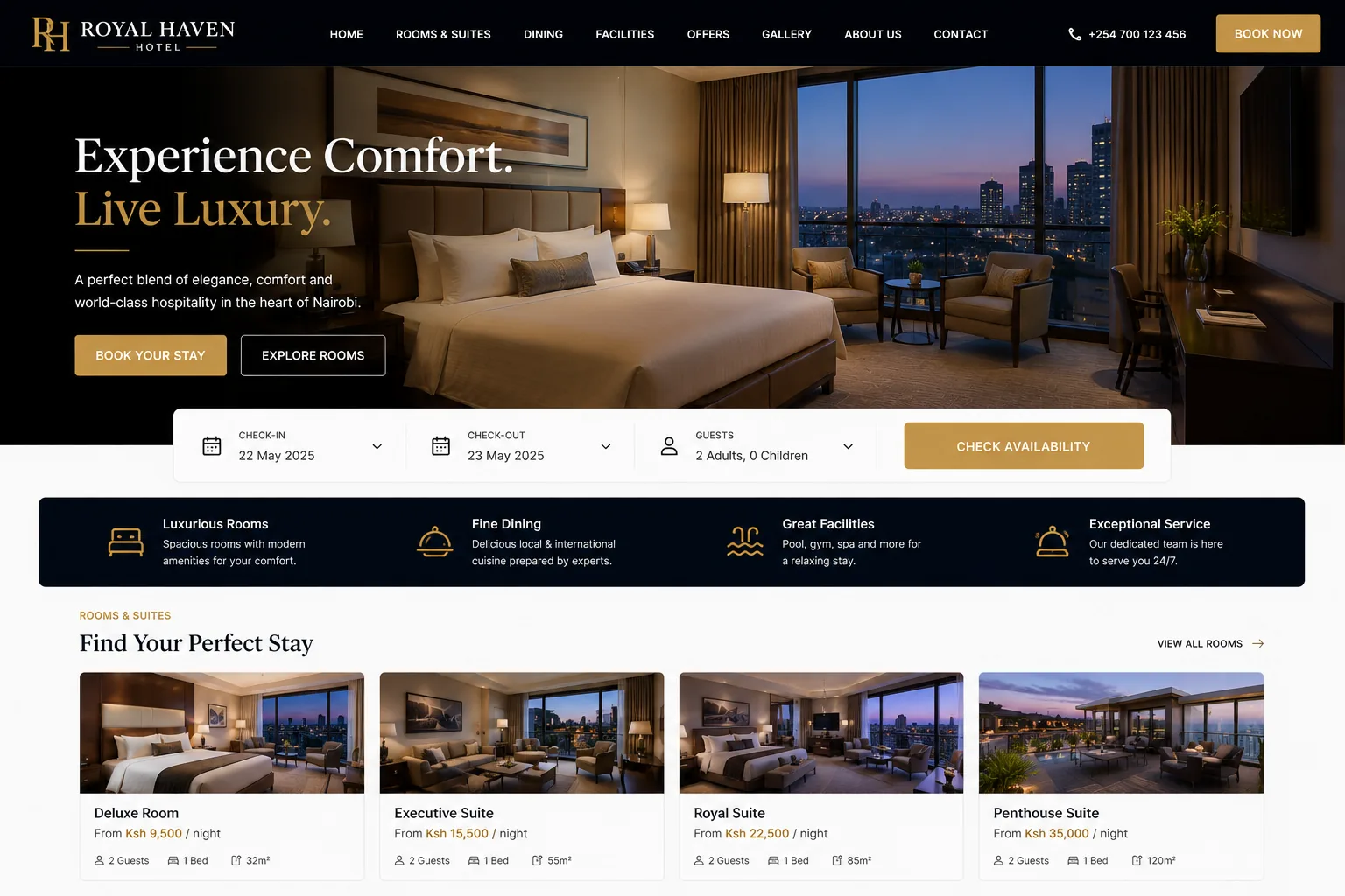 Hotels website homepage mockup with industry-specific sections