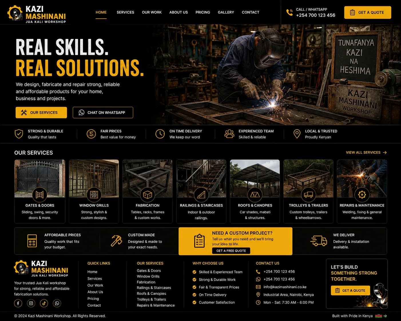 Jua Kali Workshops website homepage mockup with industry-specific sections