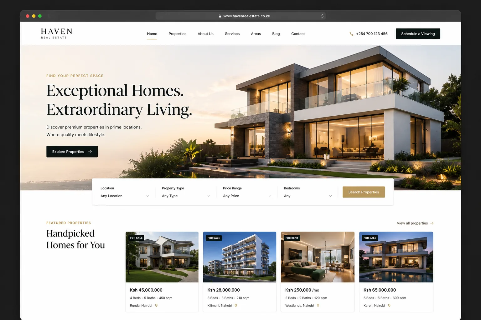 Real Estate Agents website homepage mockup with industry-specific sections
