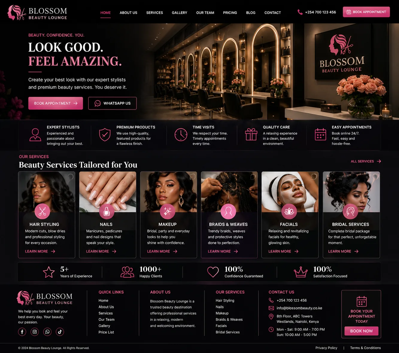 Salons website homepage mockup with industry-specific sections