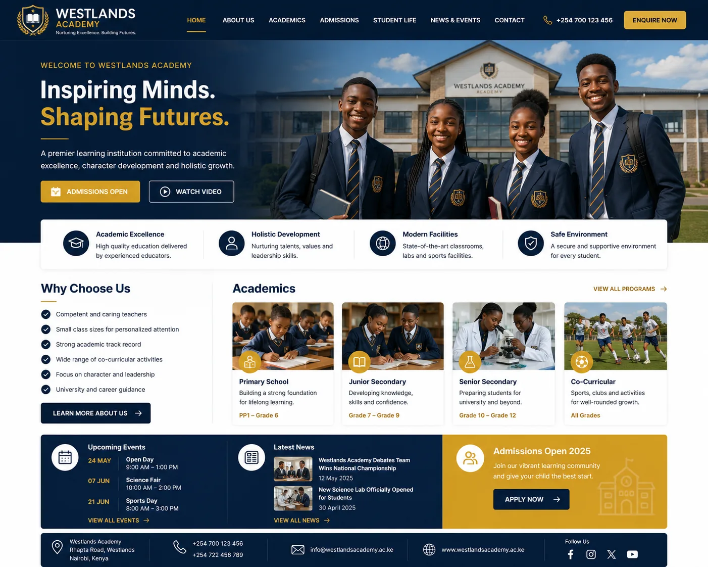Schools website homepage mockup with industry-specific sections