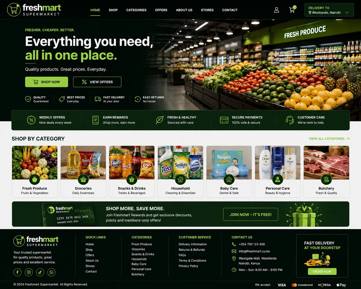 Supermarkets website homepage mockup with industry-specific sections